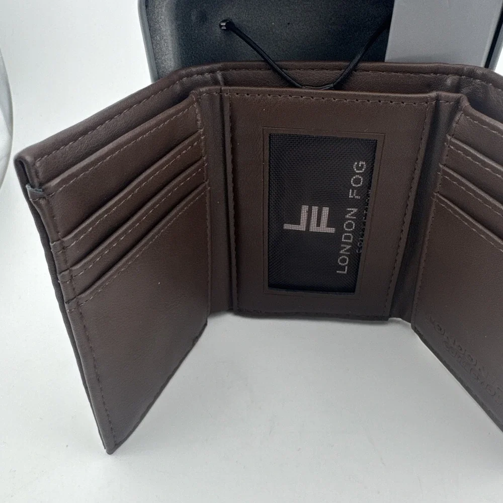 London Fog Mens Brown Bifold Genuine Leather Wallet with Box NEW
